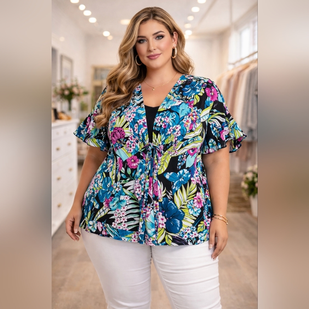 Colorful Floral Ruffle Sleeve Kim Roger's Layered Blouse 3Xl